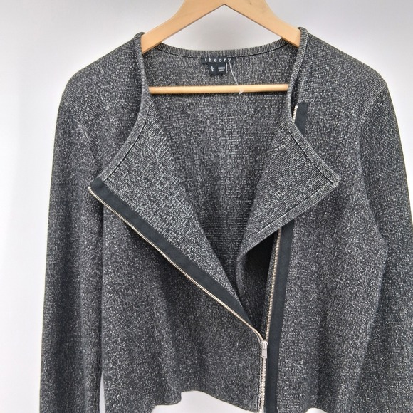 Theory Lioralee Prosecco Jacket Sz Large Gray Metallic Knit Asymmetric Zip Moto - Picture 6 of 12